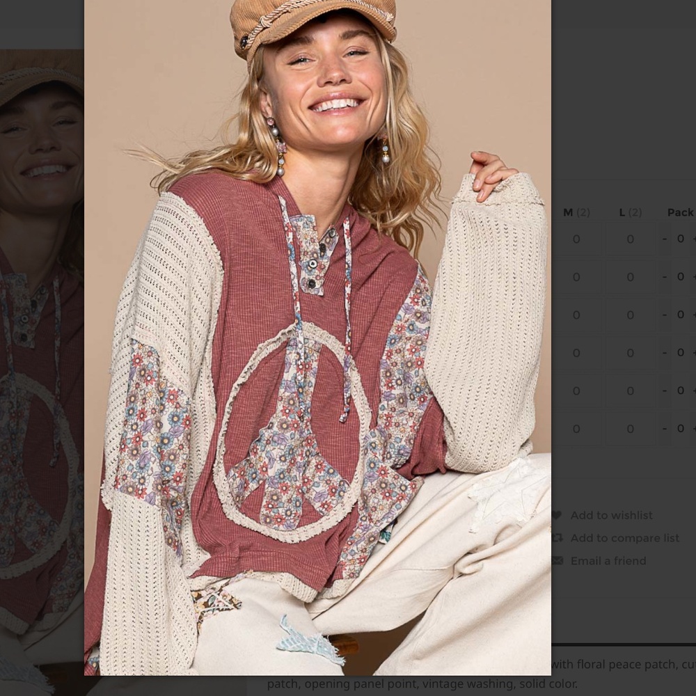 POL Women's Patchwork Peace Sign Hoodie in Mauve and Cream